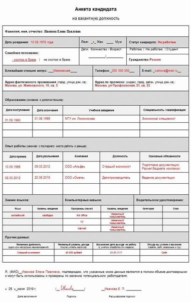 Содержание анкеты на государственную службу